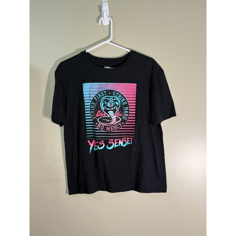 Cobra Kai Mens T-Shirt Medium Black Neon Graphic Yes Sensei No Mercy Retro Tee